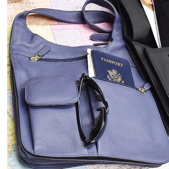 JPOurse Genuine Leather The Traveler Crossbody Bag Denim‎ Blue Adjustable Strap - Picture 2 of 6